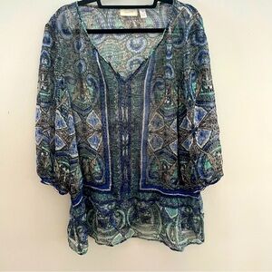 Chico's SZ 3 Loose Peasant Boho Women’s Sheer Top 3/4 Sleeves. Silk blend!